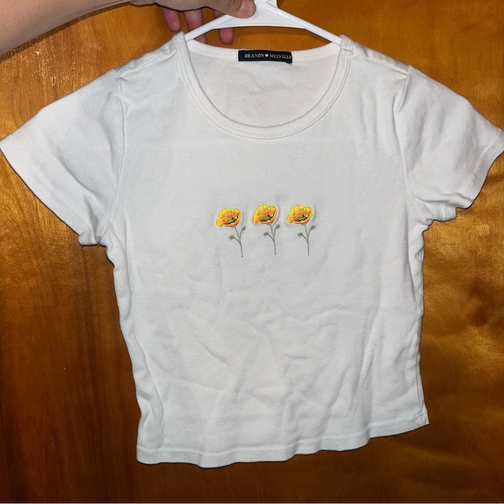 Brandy Melville White Tee with Yellow Floral Embroidery